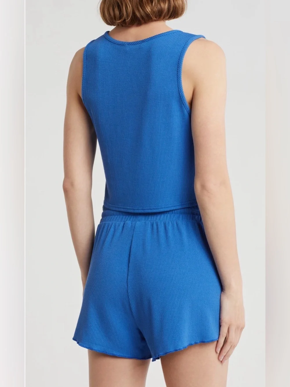 ELAN blue ribbed fly away tie-front crop top & drawstring cover-up short set